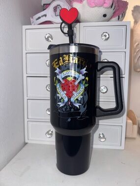 NWT Ed Hardy Black Travel Tumbler with Red Heart Tattoo Graphic